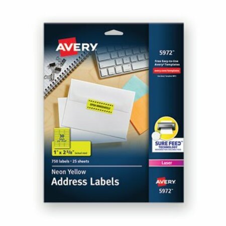 AVERY DENNISON Avery, HIGH-VISIBILITY PERMANENT LASER ID LABELS, 1 X 2 5/8, NEON YELLOW, 750PK 5972